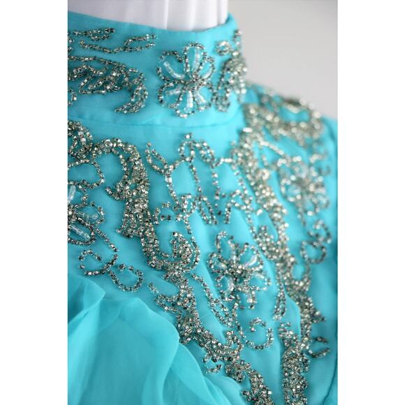Vintage 1970s Blue Chiffon Maxi Dress with Ornately Beaded Neckline Medium - Picture 10 of 10